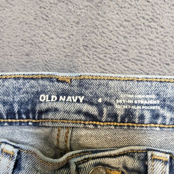 Old Navy Jeans Womens 4 Blue Sky Hi Straight Button Fly Distressed Denim Stretch - Picture 4 of 11